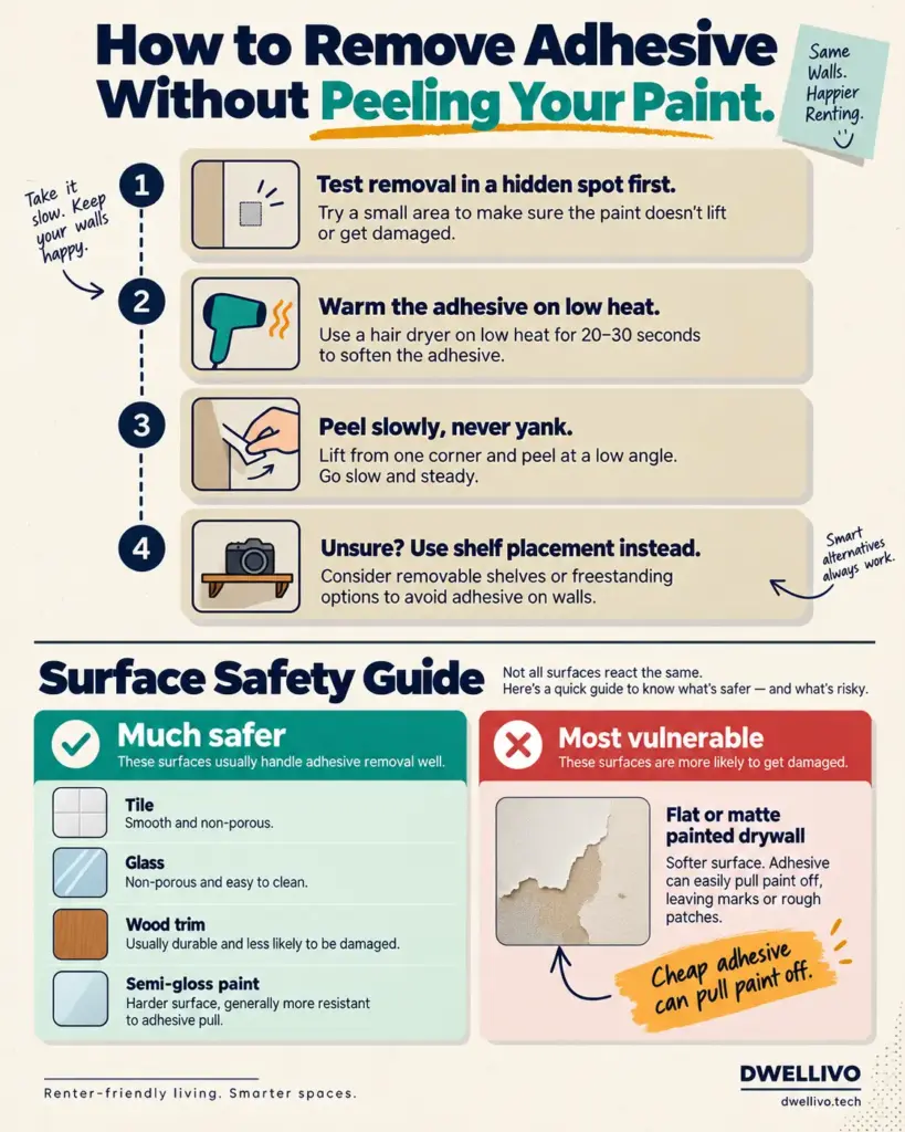 How to remove adhesive from a rental wall with a hair dryer, plus a surface safety guide for paint, tile, glass, and wood