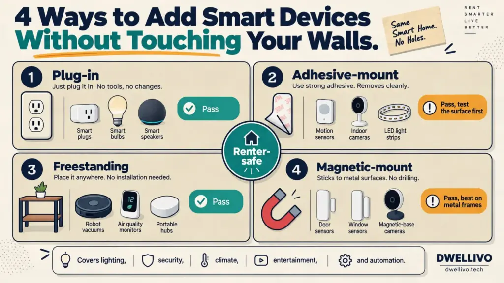 Four ways to install smart home devices without permanent installation: plug-in, adhesive-mount, freestanding, and magnetic-mount