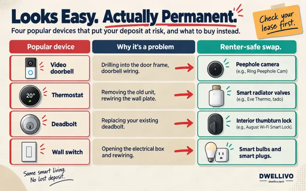Comparison of video doorbells, thermostats, smart locks, and in-wall switches with renter-safe alternatives
