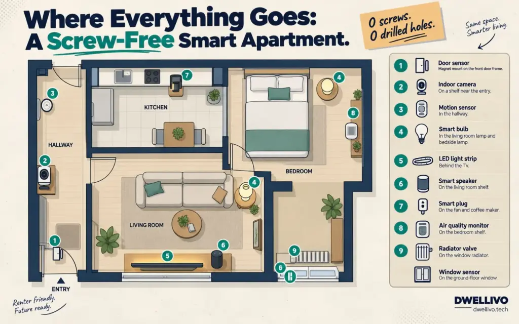 Floor plan of a one-bedroom rental showing where to place screw-free smart home devices
